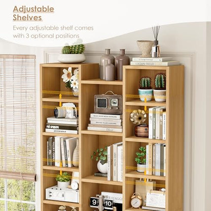 FOTOSOK 71'' Tall Bookshelf with 21 Cubes, 8 Tier Triple Wide Bookshelf with 8 Adjustable Shelves, 35" Wood Bookcase DVD/CD Media Tower Storage, Freestanding Display Shelf Cabinet, Natural - color: Natural