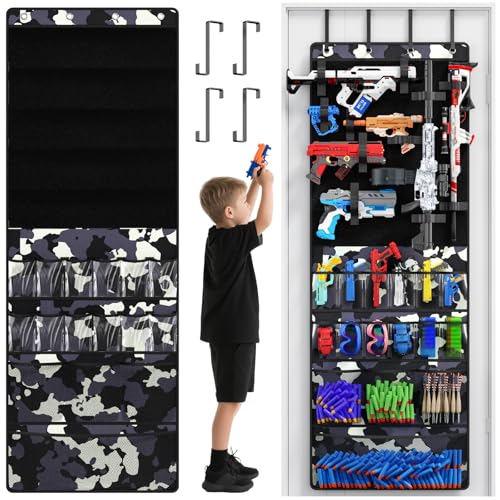 Over the Door Organizer for Toy Guns, Hanging Toy Guns Storage Organizer with Pockets and Slots for Kids Foam Blasters, Darts, Goggles, Toys Storage Door Hanger for Kids Rooms, Game Rooms, Camouflage - color: Multicolored