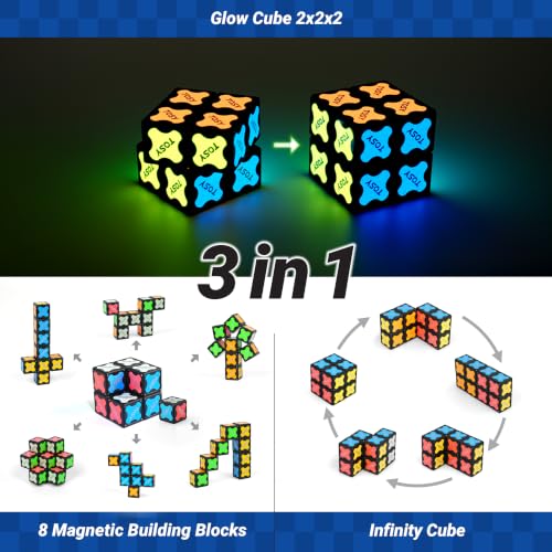 TOSY Magnet Cube 2x2 - 8 Blocks, 2in1 Toy: 2x2x2 Puzzle Cube and Customizable Infinity Cube, Easter Basket Stuffers Gifts for Kids/Grandkids, Glowing with UV Flashlight, Sensory/STEM Toy - color: Cube 2x2 (Single)
