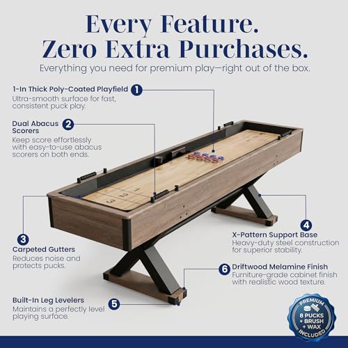 Hathaway Excalibur 9-Ft Shuffleboard Table for Great for Family Recreation Game Rooms, Designed with a Rustic Driftwood Finish with Built-In Leg Levelers, Includes 8 Pucks, Table Brush and Wax