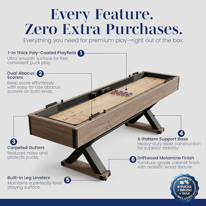 Hathaway Excalibur 9-Ft Shuffleboard Table for Great for Family Recreation Game Rooms, Designed with a Rustic Driftwood Finish with Built-In Leg Levelers, Includes 8 Pucks, Table Brush and Wax