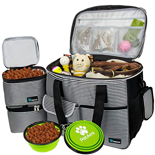 PetAmi Dog Travel Bag Organizer, Pet Travel Kit with 2 Food Containers & 2 Collapsible Dog Bowls, Pet Supplies Tote with Luggage Sleeve, Weekend Road Trip Camping Essentials, Stripe Black, Large - color: Stripe Black, size: 15.5"L x 9.5"W x 14.0"H