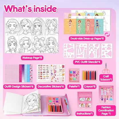 Mocoosy Makeup Art Craft for kids Ages 4-8, Pretend Play Makeup Coloring Activity Book with Stickers, Fashion Design Sketchbook, Travel Game Airplane Car Road Trip Toy Birthday Gift for Girl 5 6 7 8 9