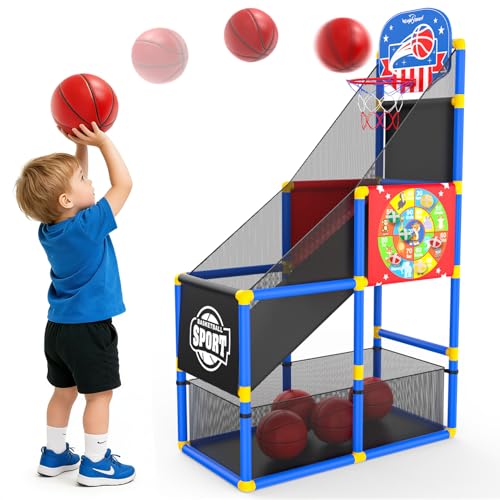 EagleStone 2-in-1 Kids Arcade Basketball Hoop with Dart Board,4 Balls Adjustable Height Basketball Toy Indoor Outdoor Carnival Games Gift for Boys Girls Toddlers Ages 3-6 Years Old,Pump Included - color: Red