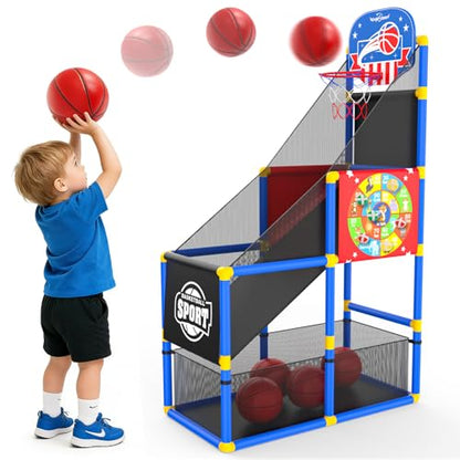 EagleStone 2-in-1 Kids Arcade Basketball Hoop with Dart Board,4 Balls Adjustable Height Basketball Toy Indoor Outdoor Carnival Games Gift for Boys Girls Toddlers Ages 3-6 Years Old,Pump Included - color: Red