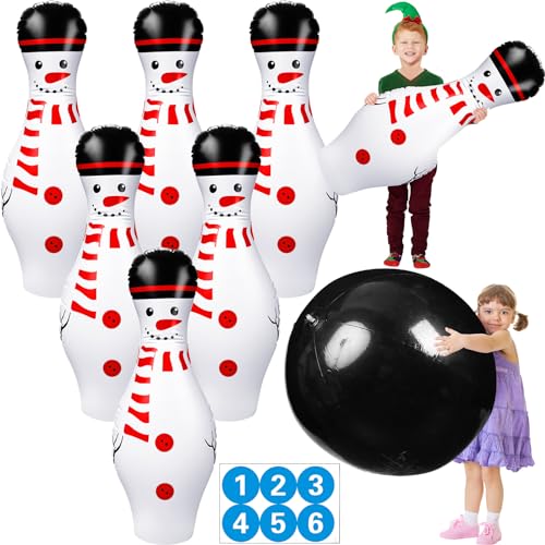 Poen 7 Pcs Glow in The Dark Giant Inflatable Bowling Set, Including 6 Pcs 27 Inches Bowling Pins and a 24 Inches Inflatable Ball Adults Outdoor Indoor Family Party - style: Snowman