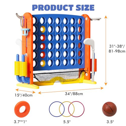 Giant 4-in-A-Row Connect Game Set, Adjustable Height Jumbo Yard Game with Golf, Basketball Hoop, Ring Toss & Mesh Pocket, Indoor & Outdoor Yard Connect Game for Kids Adults Family - color: Blue