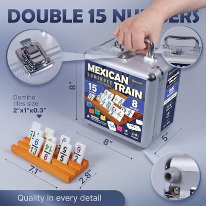 Queensell Mexican Train Dominoes Set Double 15 with Numbers - Dominoes Set for Adults and Family – 136 Tiles, 9 Trains, Wooden Hub, 8 Tile Holders, Aluminum Case (D15 Numbers + 8 Holders) - style: D15 Numbers + 8 Holders