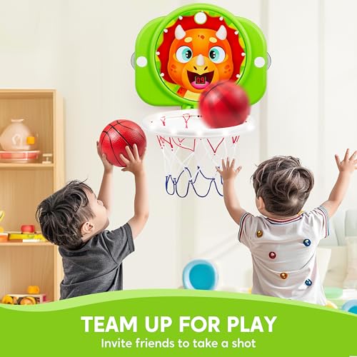 SYNCFUN Mini Basketball Hoop LED Scoring Indoor Hoop with 2 Balls, Indoor Adjustable Height Basketball Hoop, Space-Saving, Christmas Birthday Gifts Toy for Boy Girl Over 18 Months - style: Dinosaur