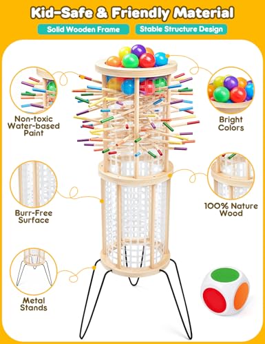 Outdoor Games Wooden Classic Giant Tower, 4FT Yard Game with 36 Balls and 42 Sticks, Dice Game for 2-6 Players, Kids and Adults, Party Game for Outdoor and Indoor, Ideal Gift for Boys and Girls