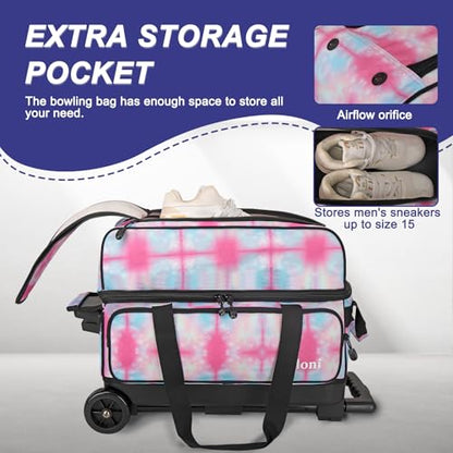 Goloni Double Roller 2 Ball Bowling Bag with Separate Shoe Compartment,2 Ball Bowling Bag with Wheels,Retractable Handle Extends to 40" - color: Dyeing