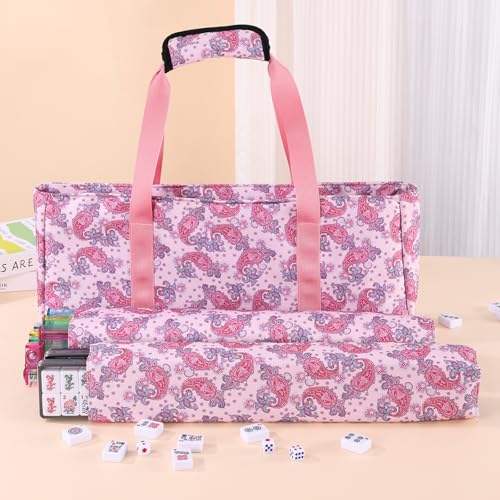 Mahjong Tote Bag for Tiles Racks & Pusher - Pink Printed Empty Mahjong Bag Set, Stylish Gift Bag for Girls’ Night & Post-Brunch Games (Case Only) - color: Pink Paisley Printed