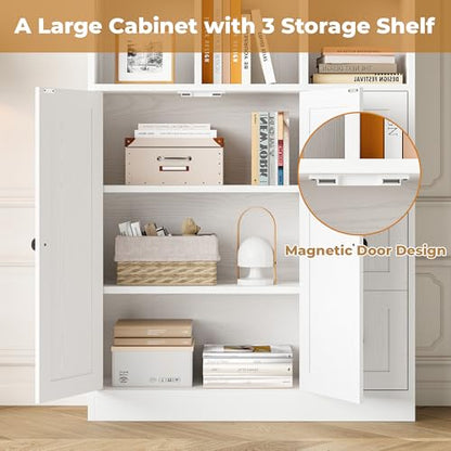IRONCK 71" Tall Bookshelf and Bookcase with Cabinet and 3 Drawers, 7 Tier Bookshelves with Doors and Open Shelves for Living Room, Home Office, White