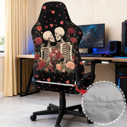 Skeleton Rose Print Game Chair Covers Slipcover Scratch Proof Anti-Dust Gaming Chair Cover with Armrest Covers for Computer Office Seats - color: Black and Multi - Skeleton Rose