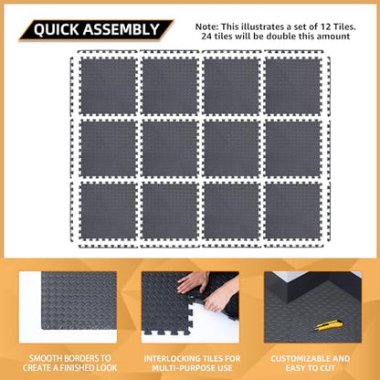 12 Pack, 48 SQFT - 24" x 24" - 1/2" Extra Thick Floor Exercise Mat for Home Gym or Floor Padding - High-Density EVA Interlocking Foam Floor Tiles for Gym Equipment, Play Area | Yoga, Cardio, Weights - size: Grey