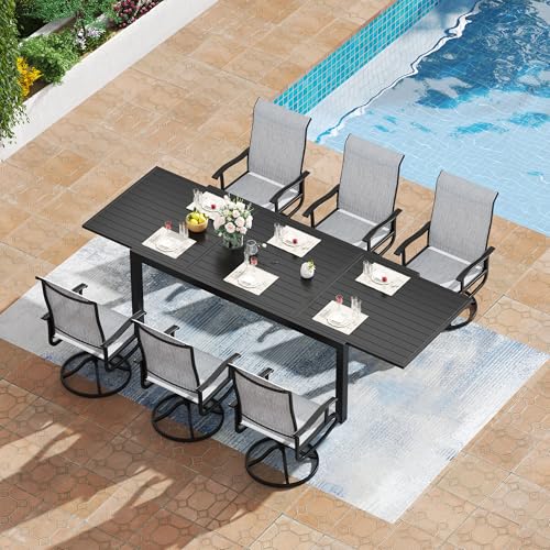 PIZZELLO 7 Pieces Patio Dining Set, 106" Extendable Aluminum Patio Dining Table w/ 6Pcs Textilene Swivel Patio Chairs, All-Weather Outdoor Table and Chairs Sets for Backyard, Garden and Deck - size: 106"Table + 6 Swivel Chairs