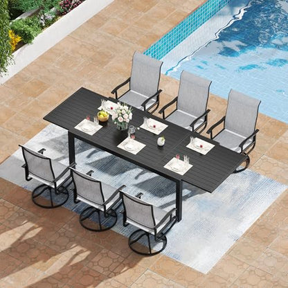 PIZZELLO 7 Pieces Patio Dining Set, 106" Extendable Aluminum Patio Dining Table w/ 6Pcs Textilene Swivel Patio Chairs, All-Weather Outdoor Table and Chairs Sets for Backyard, Garden and Deck - size: 106"Table + 6 Swivel Chairs