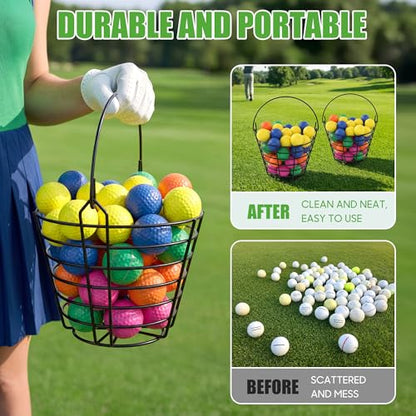 10L0L 2 Pack Metal Golf Ball Basket with Handle, Holds 50 Balls Each, Driving Range Practice Ball Bucket, Black (GolfBalls Not Included)
