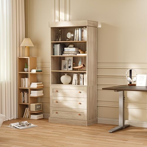 Vyre 71" Tall Farmhouse Bookshelves with Glass Doors and Drawers, Set of 2 – Large Modular Bookcase with Adjustable Shelves, Storage Cabinet for Living Room, Kitchen, Brown - color: Brown