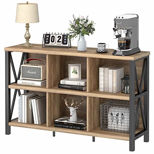 FATORRI 6 Cube Storage Organizer with Shelf, Long Wood and Metal Cubby Bookcase, Industrial Horizontal Bookshelf (Rustic Oak, 47 Inch) - color: Rustic Oak, size: Without Drawer