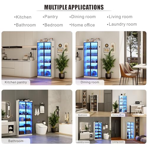 Dystler Display Cabinet with Doors and Adjustable Shelves, 65" Tall Bookcase with LED Lights/Human Sensor, 5 Tier Display Case for Collectibles Bedroom Living Room Office, White - color: White