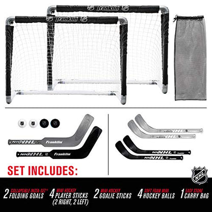 Franklin Sports NHL Kids Mini Hockey Goal Set - (2) Mini + Knee Hockey Goals, (4) Youth Sticks, (2) Goalie Sticks + (4) Foam Balls - Knee + Mini Hockey Set - color: Black