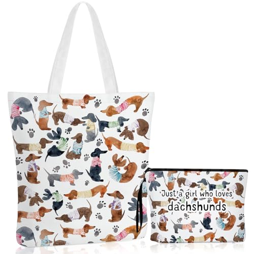 Sieral 2 Pcs Animal Lover Bag Gift for Women Travel Canvas Tote Portable Zipper Pouch Canvas Reusable Grocery Tote - style: Dachshund