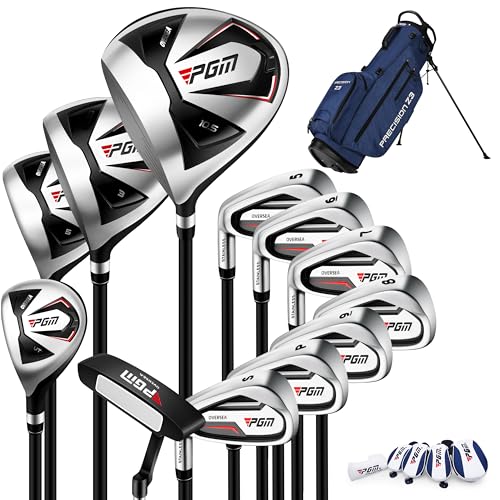 PGM 13/18 Pieces Men's Complete Golf Club Set with Driver, Fairway, Hybrid, Irons, Putter, Stand Bag & Headcovers - Ideal for Beginners (Standard/+1inch Sizes)