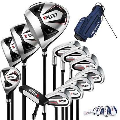 PGM 13/18 Pieces Men's Complete Golf Club Set with Driver, Fairway, Hybrid, Irons, Putter, Stand Bag & Headcovers - Ideal for Beginners (Standard/+1inch Sizes)