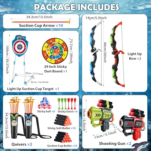 VATOS 2 Pack Bow and Arrow Toy with LED Light - 4 in 1 Archery & Dart Game Set with 20 Suction Cup Arrows, Shark Glow Target & Dart Board - Indoor/Outdoor Birthday Gift for Kids Boys Girls Ages 5-12 - color: Blue