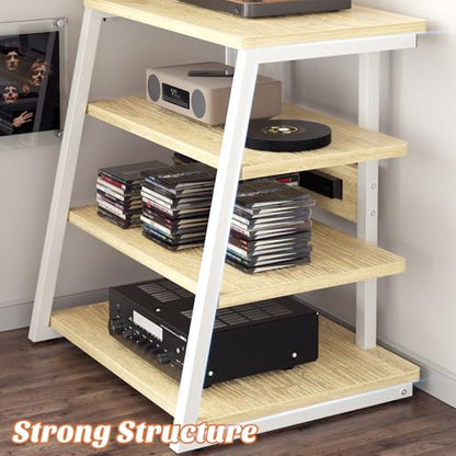 Besiost AV Media Stand with Outlets, Media Console with LED Lights, Stereo Racks and Stands with Storage Shelves, Media Audio Tower Cabinet, Natural Oak and White - color: Natural Oak and White