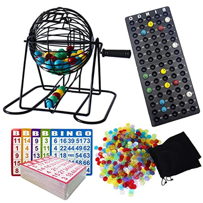 Yuanhe Deluxe Bingo Game Set - Metal Round Cage, 75 Colored Bingo Balls, 100 Bingo Cards, 500 Mixed Chips and Master Board for Large Groups, Parties - style: Deluxe Set