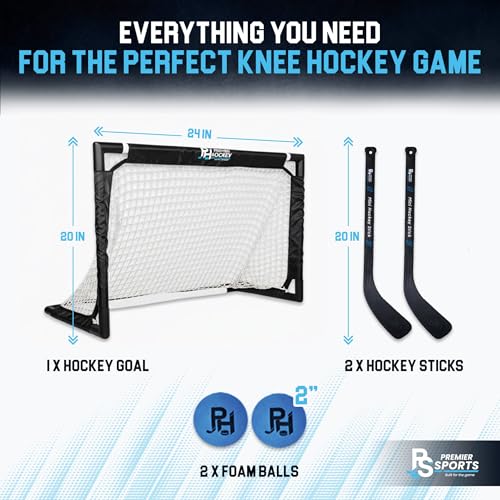 Premier Sports Knee Hockey Set – Complete 2-Player Indoor Kit with (1) Mini Goal, (2) Mini Sticks, and (2) Foam Balls