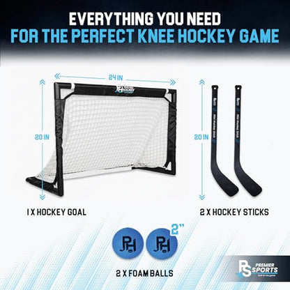 Premier Sports Knee Hockey Set – Complete 2-Player Indoor Kit with (1) Mini Goal, (2) Mini Sticks, and (2) Foam Balls