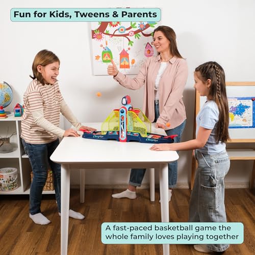 Tabletop Basketball Game — 2-Player Mini Basketball Game with Electronic Scoring & Timer, Two-Hoop Design for Desk Play, Moving Hoop Challenge for Kids