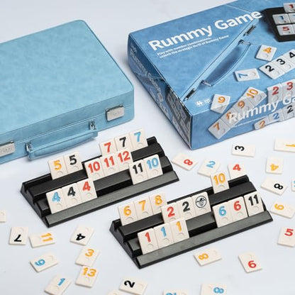 Rummy Game Set, 2-4 Players with 106 Rummy Tiles and 4 Racks, Rummy Travel Game Set with Faux Leather Case, Fun Family Classic Board Games (Blue) - color: Blue