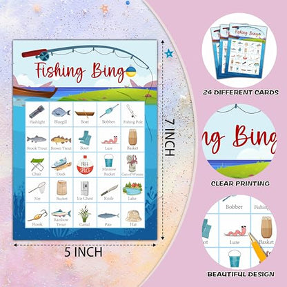 Fishing Bingo Cards, Camp Let's Go Fishing Bingo Games for 24 Players, Camping Party Games for Family Friends Large Group Activities, Fishing Party Favors Supplies Decorations(30) - style: Fishing