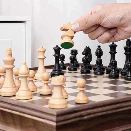 A&A 15 inch Walnut Wooden Chess Set with Storage Drawer, Triple Weighted Pieces, 3.0 inch King Height, Walnut & Maple Inlay, 2 Extra Queen, Classic 2 in 1 Chess and Checkers Board Game