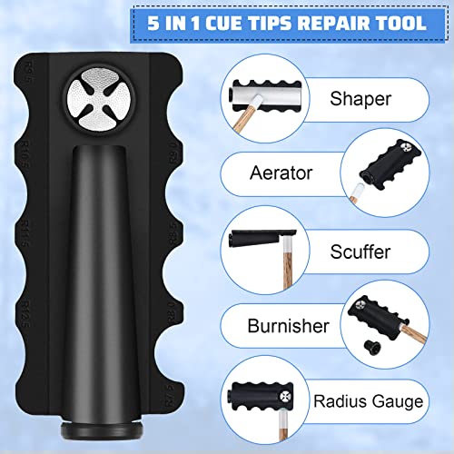 Mudder Pool Cue Tips Repair Tool, Pool Stick Tip Shaper Scuffer Aerator Burnisher Radius Gauge, 5 in 1 Billiards Accessories