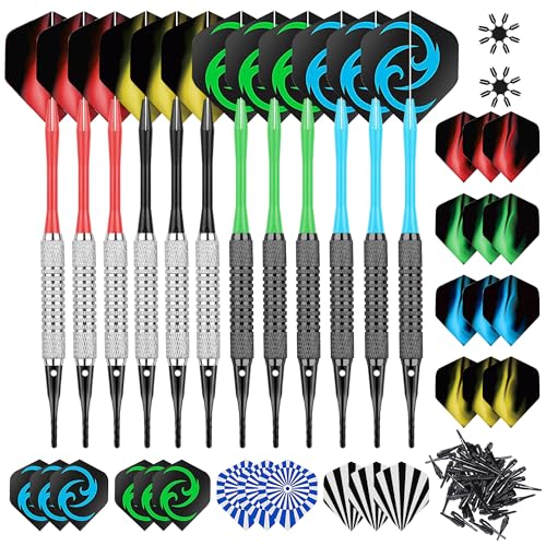 Soft Darts Set 12Packs with 4 Colors Plastic Shafts,Extra Flights,Points and Flight Protectors