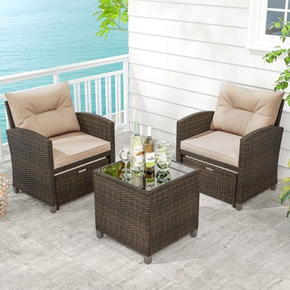 Tangkula 5 Pieces Patio Conversation Set, PE Wicker Rattan Outdoor Furniture Set with 2 Chairs, 2 Ottomans & Tempered Glass Coffee Table, Ideal for Poolside, Backyard, Lawn, Deck (Mix Brown & Beige) - color: Mix Brown & Beige
