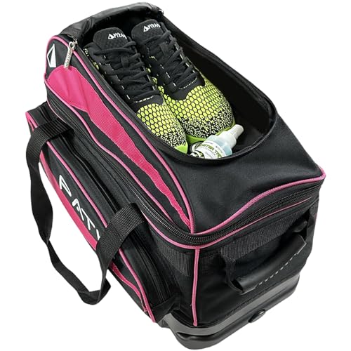 Pyramid Path Premium Deluxe 2 Ball Double Roller Bowling Bag With Large Separate Shoe Compartment (Up To US Mens Size 15) and Oversized Accessory Pocket, Retractable Locking Handle - Extends to 37" - color: Black/Hot Pink