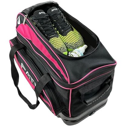 Pyramid Path Premium Deluxe 2 Ball Double Roller Bowling Bag With Large Separate Shoe Compartment (Up To US Mens Size 15) and Oversized Accessory Pocket, Retractable Locking Handle - Extends to 37" - color: Black/Hot Pink