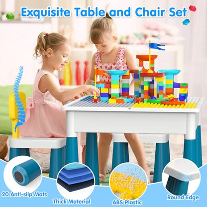 OCATO Toddlers Kids Table and 4 Chairs Set: Activity Table with 152Pcs Large Marble Run Building Blocks Storage All in One Play Sensory Water Tables Sand Tables for Boys Girls 3 4 5 6 Year Old - color: Dark Blue-with 4 Chairs