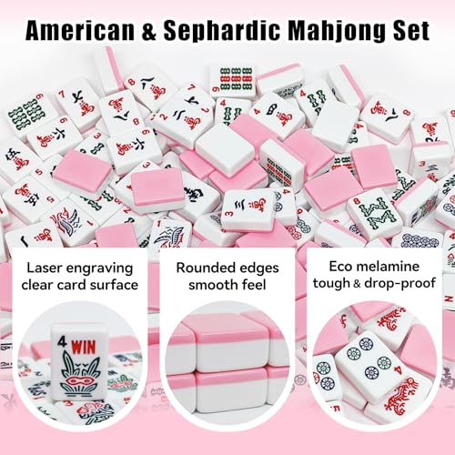 American Mahjong Tiles Set, 166 Pink Mahjong Tiles 1.2 Inch with Carrying Bag and 3 Dice, Portable American Mahjong Game for Travel, Family Game Night - color: Pink