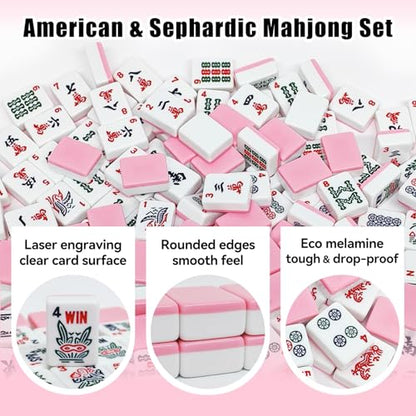 American Mahjong Tiles Set, 166 Pink Mahjong Tiles 1.2 Inch with Carrying Bag and 3 Dice, Portable American Mahjong Game for Travel, Family Game Night - color: Pink