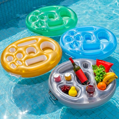 4 Pcs Inflatable Floating Drink Holder for Pool Party Drink Tray Holders with Storage Holes Portable Water Float Caddy for Summer Beach Beverages Wine Fruits Pool Parties