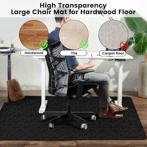 Office Chair Mat for Hardwood Floor: 63" x 51" Extra Large Black Office Chair Mats, Anti-Slip Rubber Floor Mat for Gaming Rolling Chair, Heavy Duty Protector for L Desk, Home, Gaming Easy Glide