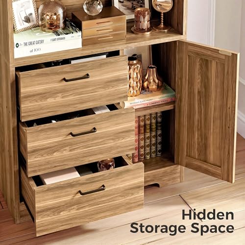 IRONCK Bookshelf with Doors and 3 Drawers 71 in Tall Bookshelf with Storage, Industrial Book Shelf with 3-Tier Shelves for Living Room Entrance Hallway Home Office - color: Oak Brown