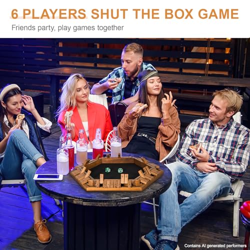 BIVOMON 1-6 Players Shut The Box Dice Game, Wooden Board Table Math Game for Kids Adult with 24 Dice, Close The Box Game for Family, Party, Christmas, Birthday